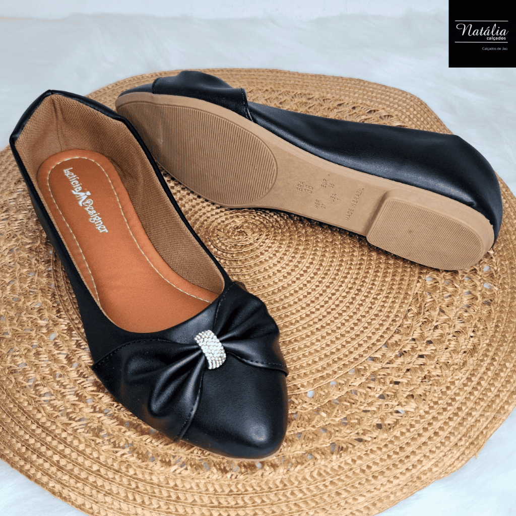 Sapatilha Feminina Napa Preto Detalhe de Strass Bico Fino com Traseiro Confortável Elegante Casual — imagem 2 de 2