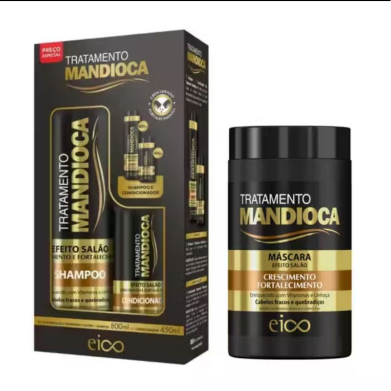 Kit Eico Tratamento Mandioca Original Shampoo Condicionador e Máscara 1kg Força e Crescimento