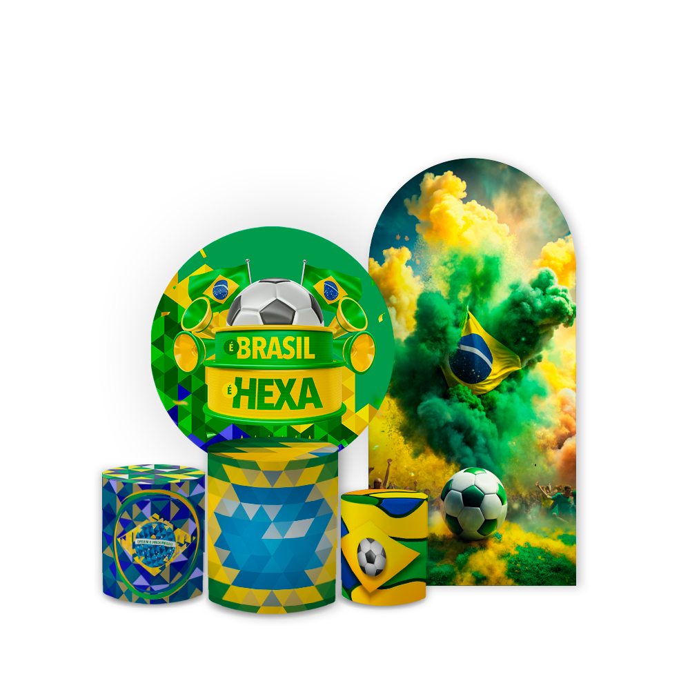 Kit Capa Painel Festa + Cilindro + Romano Vest Fácil Malha New Tema Brasil Hexa País do Futebol Copa do Mundo Decoração
