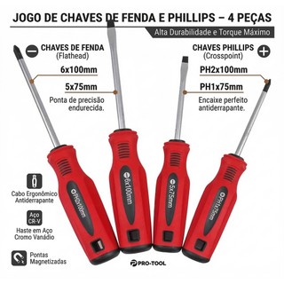 Kit Jogo 4 chaves de fenda e philips western aço cromo vanádio PRO