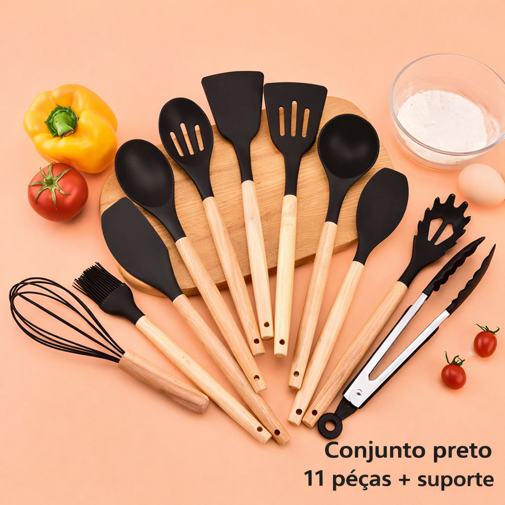 12 Peças Kit de Utensílios de Cozinha em Silicone e Bambu Essenciais em Oferta na Shopee