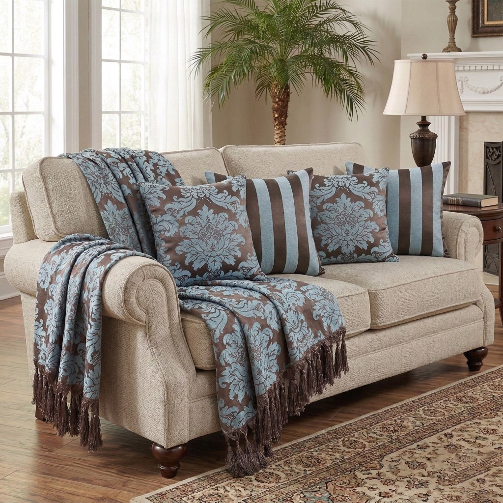 2 Mantas Xale Jacquard Dupla Face 220x140cm + 4 Capas Para Almofadas 45x45cm - Turquesa E Marrom