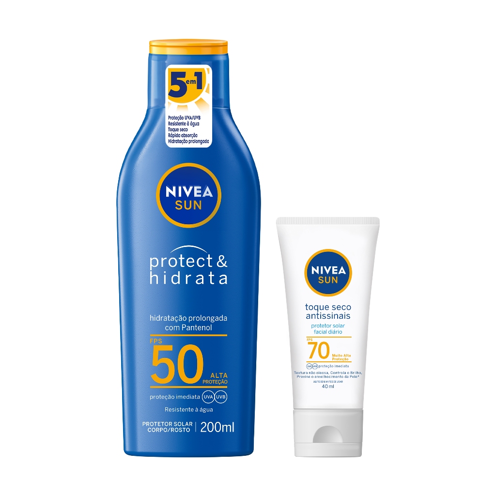 NIVEA SUN Protetor Solar Protect & Hidrata FPS 50 200ml + NIVEA SUN Protetor Solar Facial Toque Seco Antissinais FPS 70