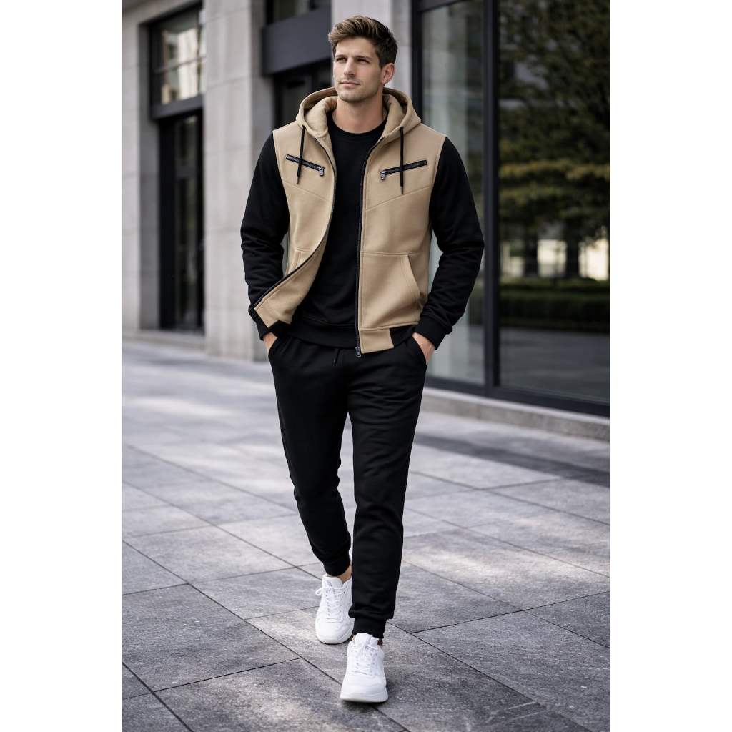 Conjunto Masculino Blusa de Frio com Capuz e Zíper + Calça de Moletom Jogger Slin
