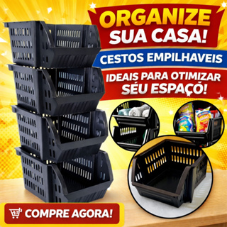 Kit Cesto Caixa Bin Empilhavel 3/5/10 Preto Expositor Organizador Estoque Loja Plástico em Oferta na Shopee
