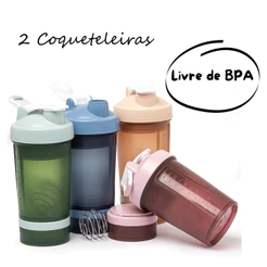 kit 2 Coqueteleiras 500 ml livre de BPA 2 compartimentos whey vitamina academia shake misturador de mola