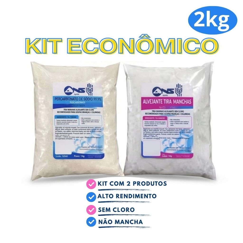 Kit Econômico 2kg - Alvejante Tira Manchas Sem Cloro - Percarbonato de sódio 99,9%