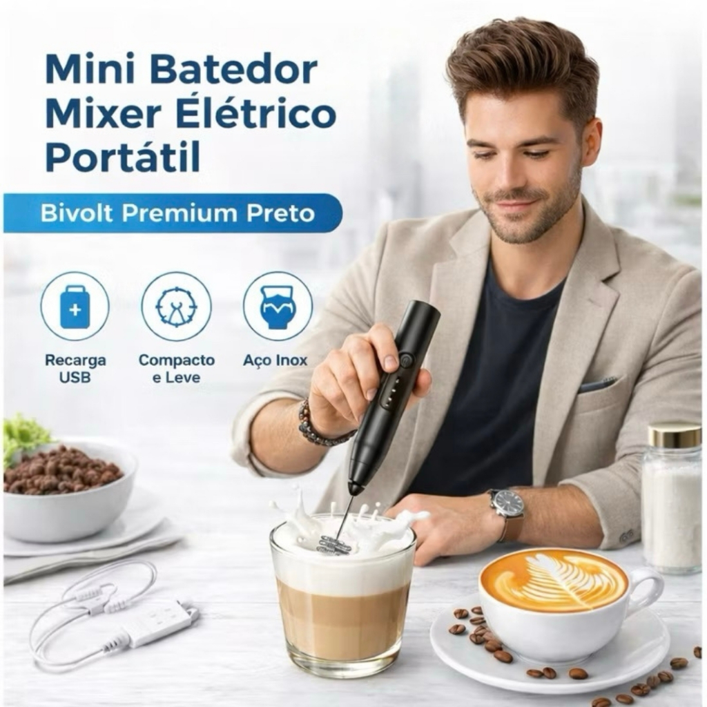 Mini Batedor Mixer Elétrico Portátil Bivolt Premium Preta