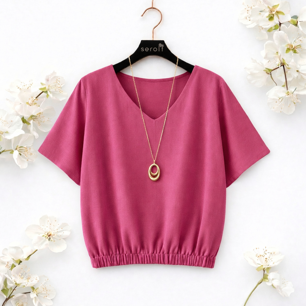 BLUSA FEMININA MANGA CURTA DECOTE V SOLTINHA COM BARRA ELÁSTICA ELEGANTE, CONFORTÁVEL E DELICADA