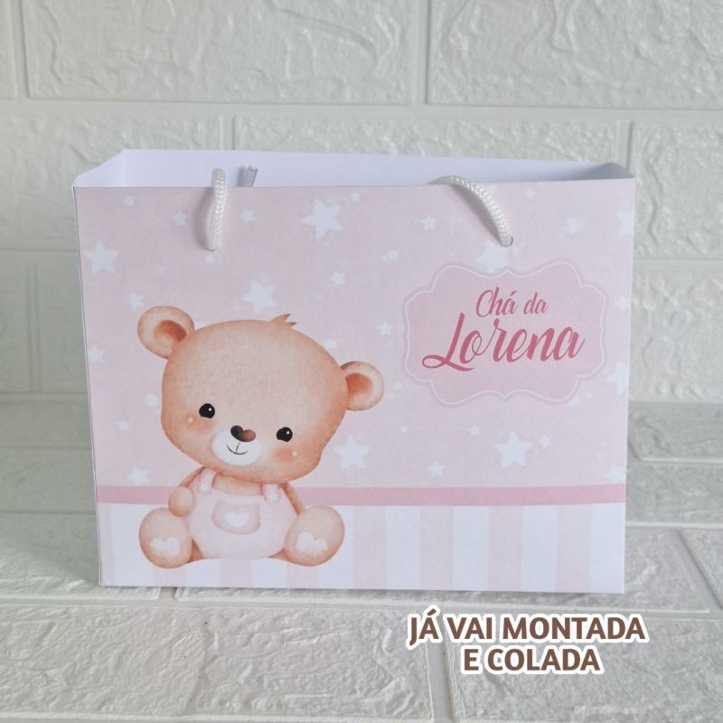 Sacolinha Personalizada Chá  de bebê ursinho rosa ( já vai montada) Lembrancinha |Aniversário |Festa Infantil