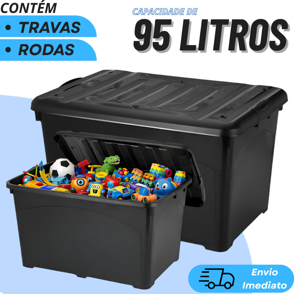 Caixa Organizadora Reforçada de Plástico com Travas e Rodinhas para Armazenagem e Organização- 95 / 65 Litros Litros
