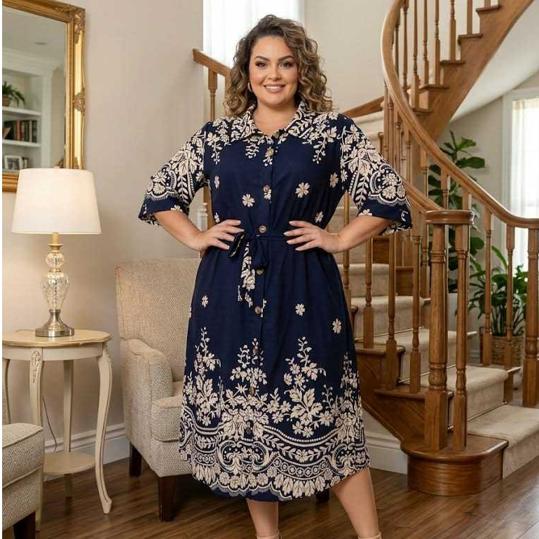 VESTDO CAMISA CHAMIS FEMININO PLUS SIZE ACOMPANHA UM CINTO ESTAMPA BARRADO TAMANHO G1-48