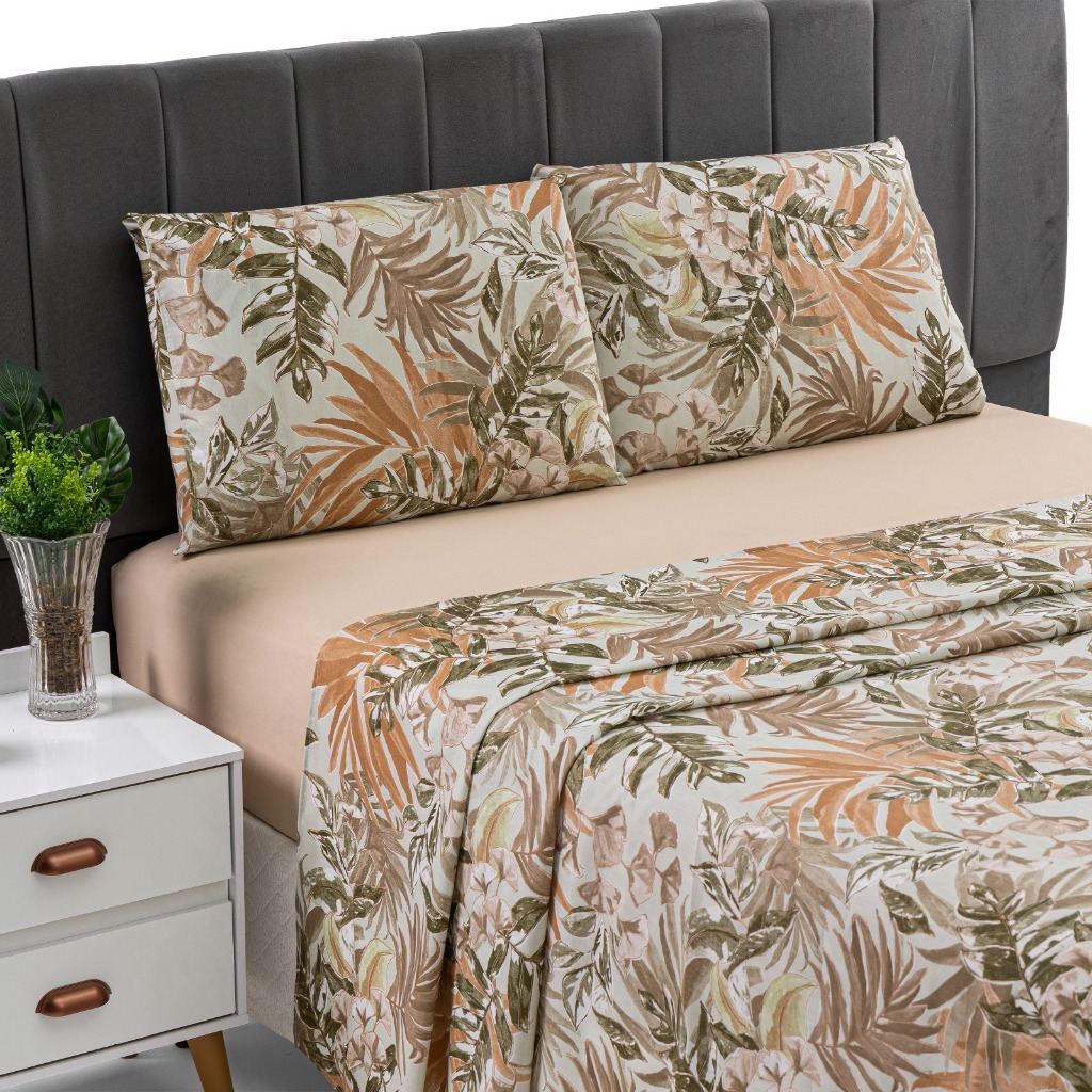 Jogo Cama Lençol Cama Queen 4 Peças 200 Fios Micropercal Premium Estampas Florais Geometrico