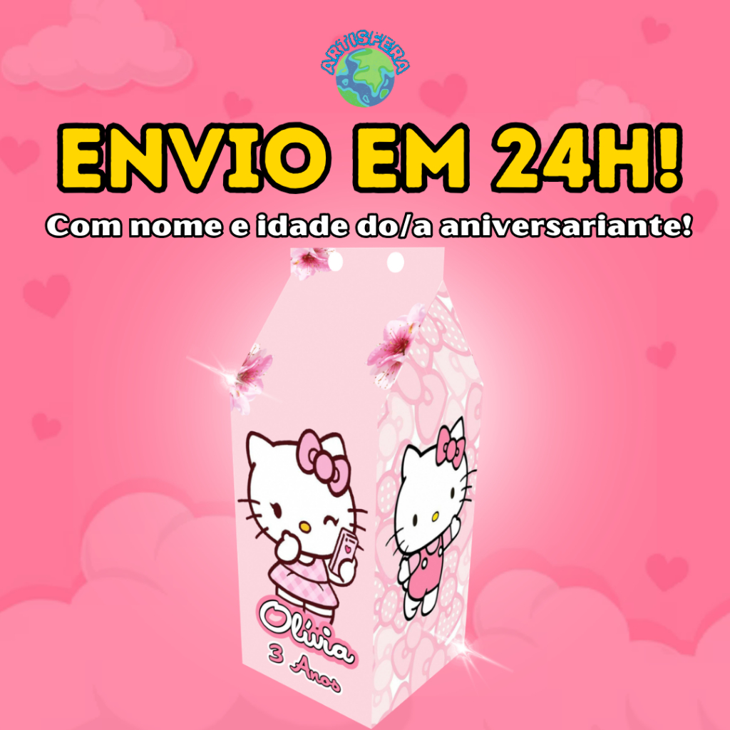 Caixinhas Surpresa Hello Kitty Milk Personalizadas Com Nome e idade Para Festas de Aniversários e Lembrancinha