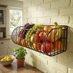 Fruteira Cesto de Parede em Aramado de Ferro 40x20cm p/ Balcão de Armario, Cozinha. Preto ou branca