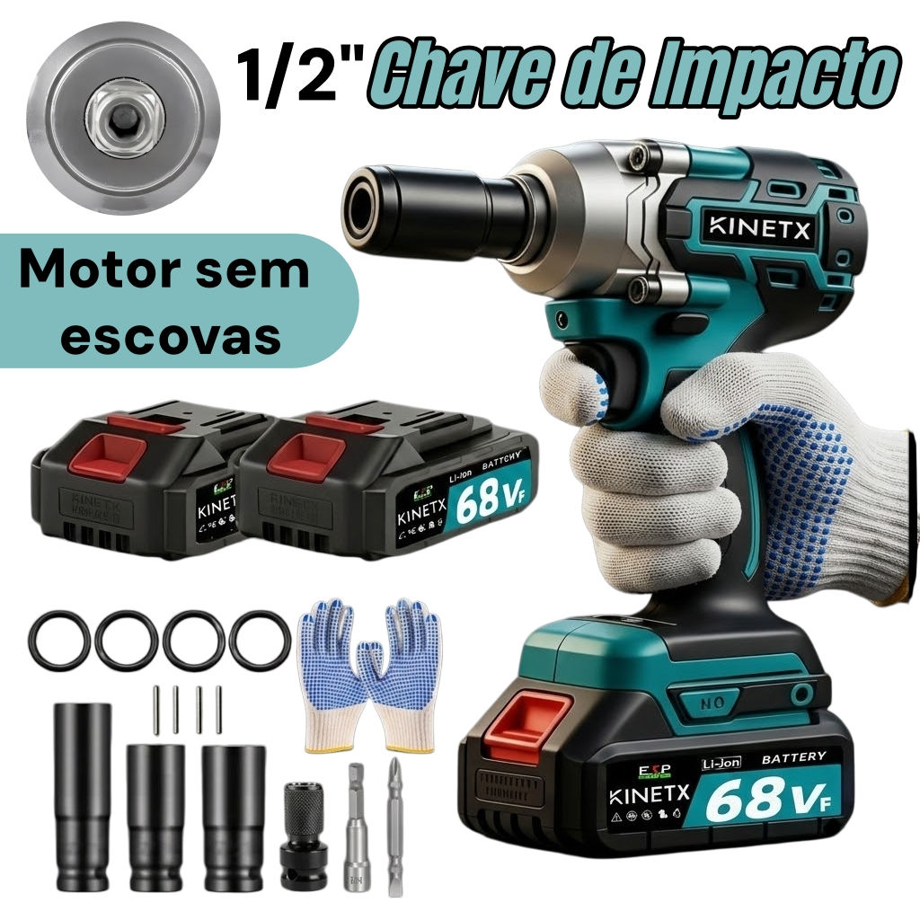 KINETX Chave de Impacto sem Escova 68Vf 1/2" Bivolt + 2 Baterias + 6 Acessórios - 2200 rpm - 880Nm