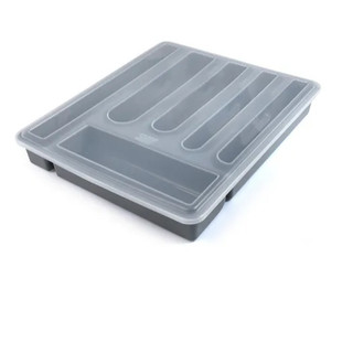 Porta Talheres 6 Divisórias Grande Com Tampa Preto Organizador de Gaveta Cozinha Plástico Resistente Ideal Porta Utensíl