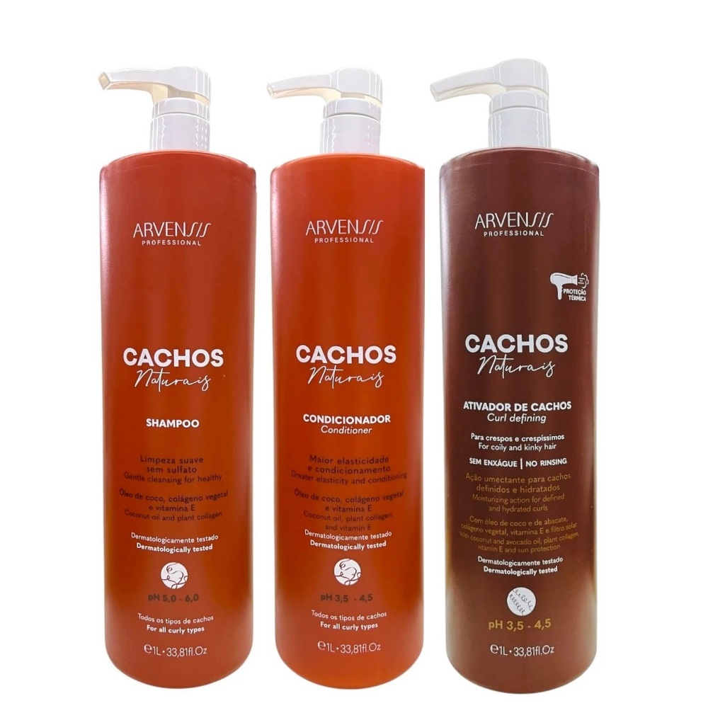 Kit Arvensis Professional Cachos Naturais - Shampoo 1L + Condicionador 1L + Ativador De Cachos Crespos 1L