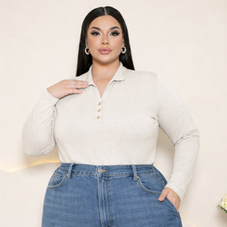 Blusa Plus Size Camisa Polo Manga Longa  Gola Regulavel Viscolycra Premium femenino moda casual elegante- GG G1 G2 em Oferta na Shopee