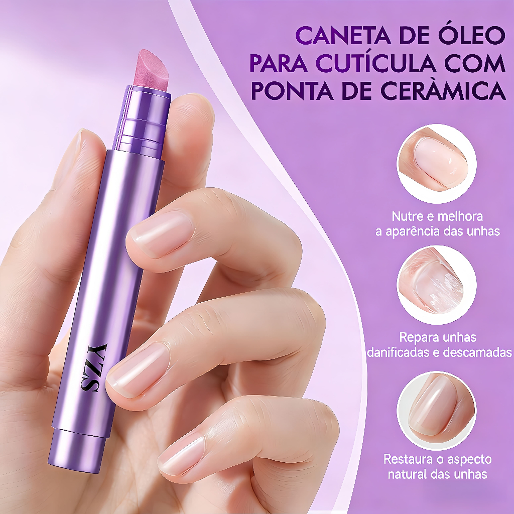 Caneta 3 em 1 para Cutículas – Óleo Hidratante com Ponta de Cerâmica para Unhas Secas