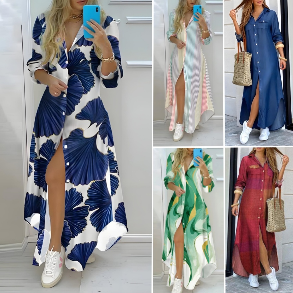 Vestido Manga Longa Camisa Solta Com Botão V De Manga E Para Estampa Casual Escritório Longos