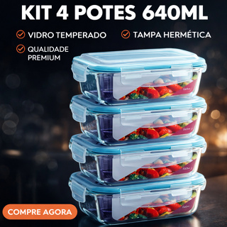 Kit 4 Potes de 640ml Vidro Hermético Retangular Marmita Microondas Freezer Forno em Oferta na Shopee
