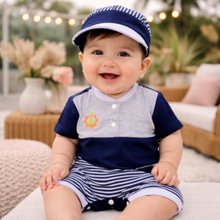 Macacão Bebê Menino com Boné - Algodão Listrado Confortável Recém-Nascido com Bonezinho Fofo em Oferta na Shopee