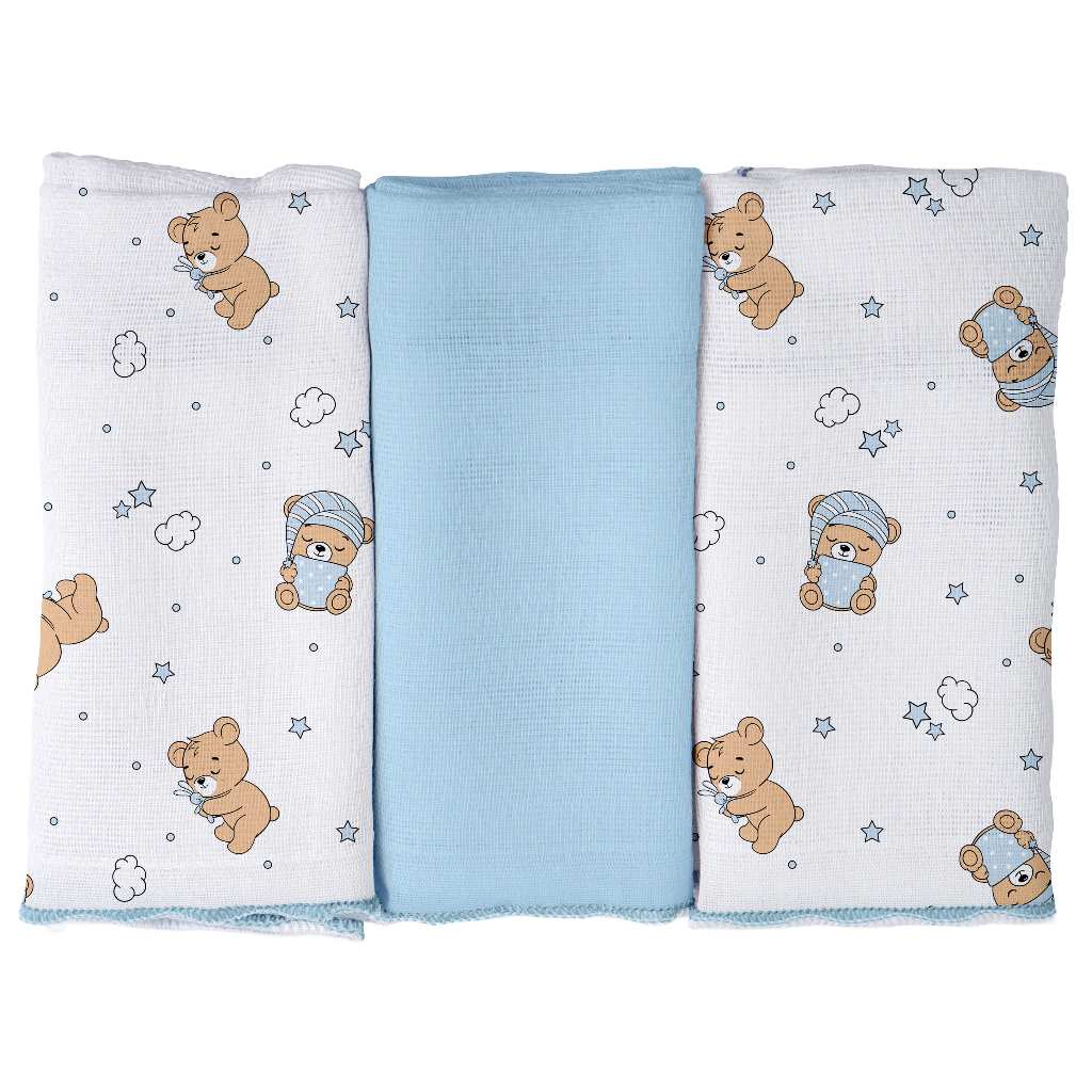 Kit 3 Panos de Boca Bebê 100% Algodão 34x34cm | Macio, Absorvente, Overlock Premium | Rosa Azul Bege Verde