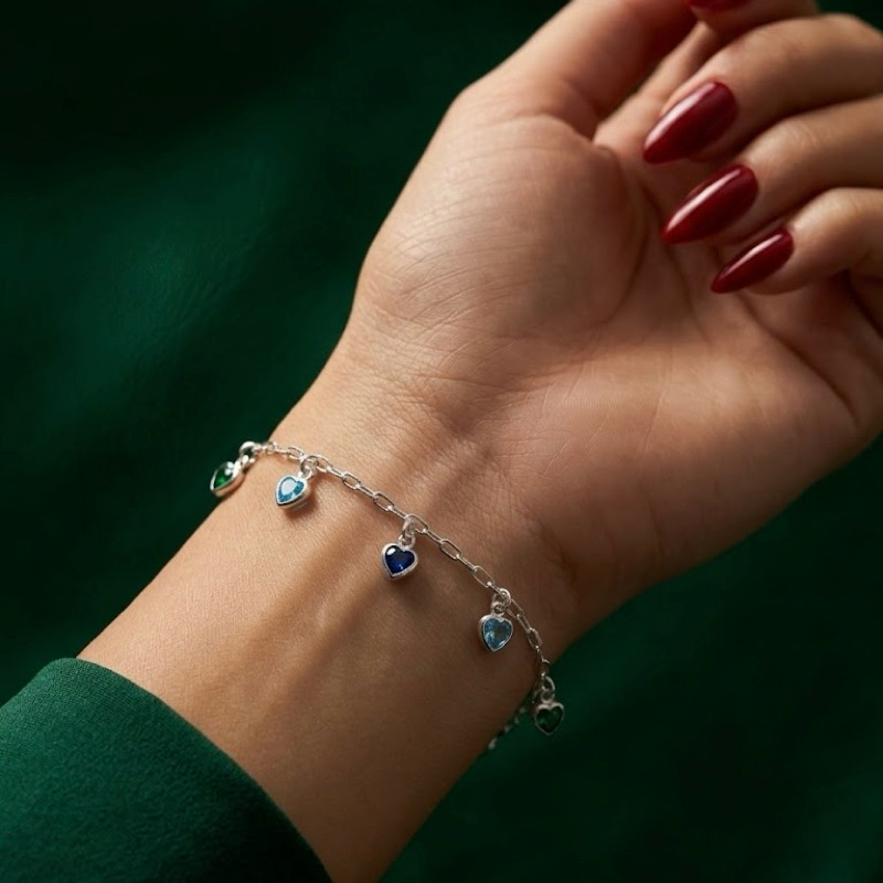 Pulseira Corações Coloridos Pendurados em Prata 925 Pulseira Feminina Delicada Colorida