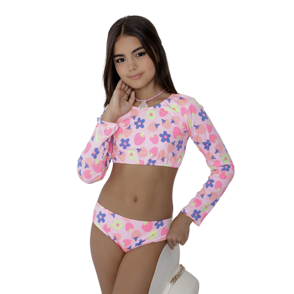 Biquini Infantil Juvenil Cropped Manga Longa Praia/Piscina Estampada Uv