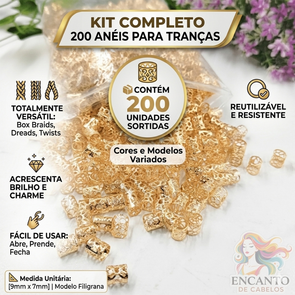 Kit com 200 Anéis para Tranças – Acessórios Decorativos para Box Braid e Penteados Afro
