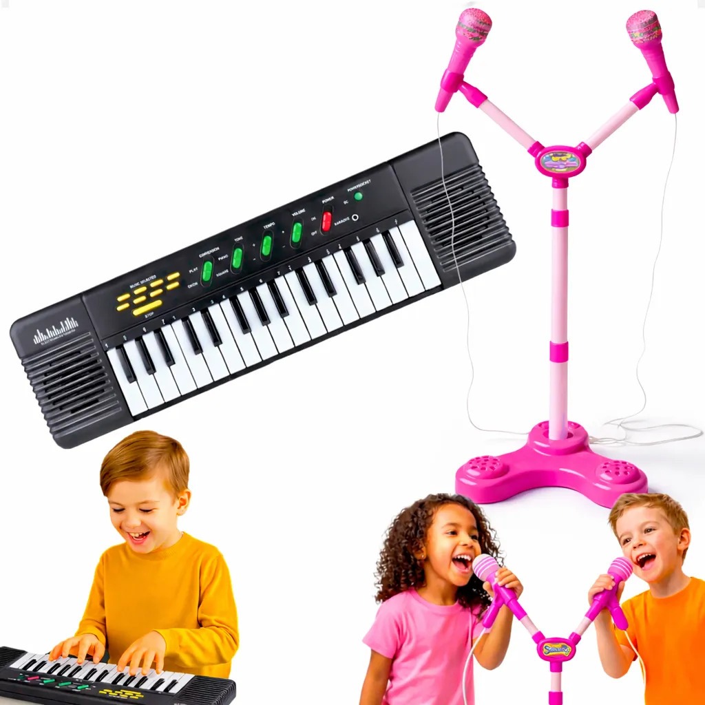 Teclado Elétrico Musical Infantil Com Microfone Duplo Pedestal