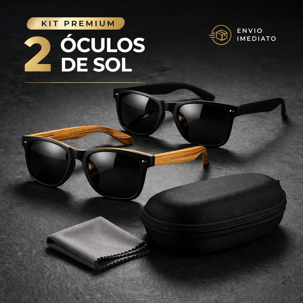 Óculos De Sol Kit Masculino Haste Estilo Madeira UV 400 Premium Quadrado+ Case | ENVIO IMEDIATO