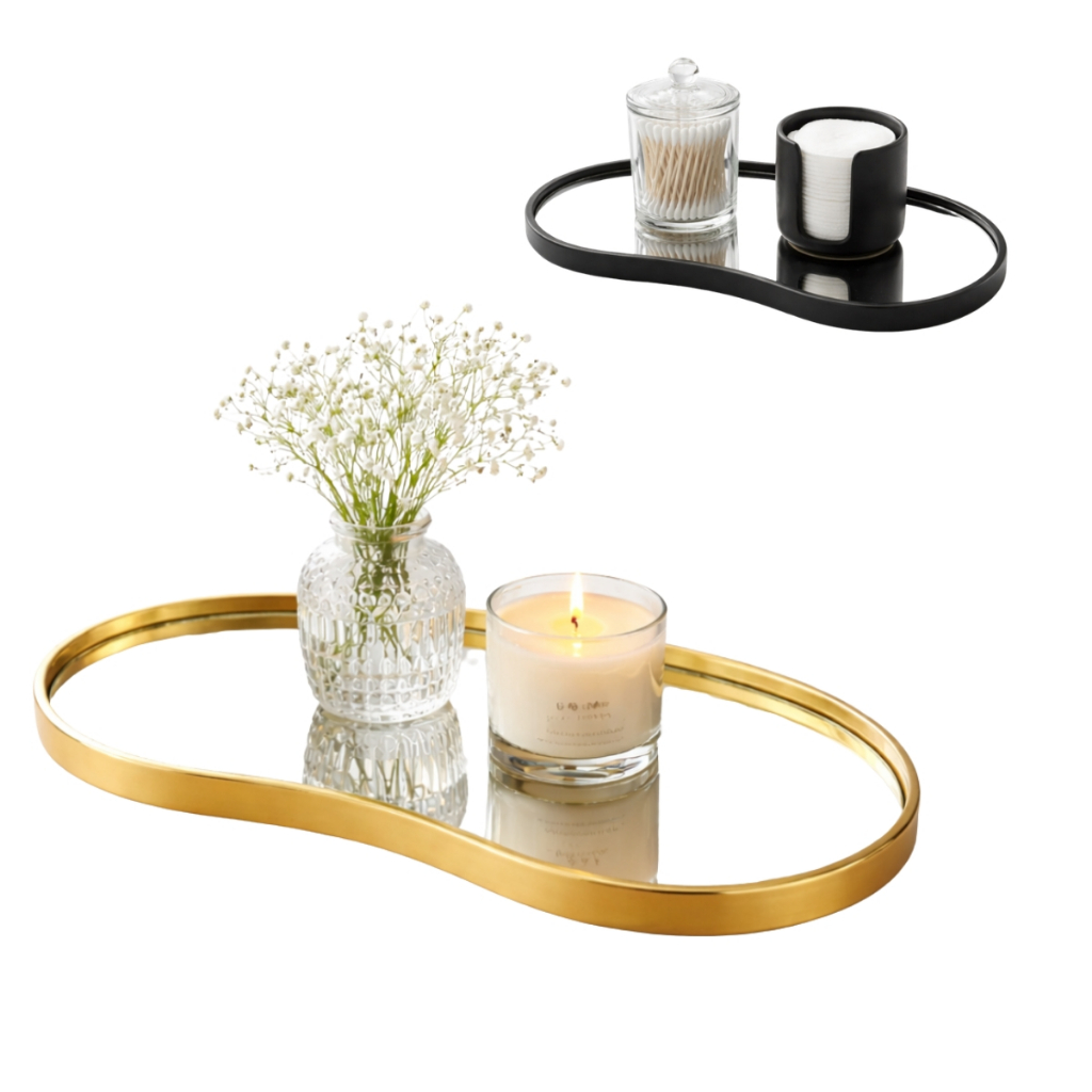 BANDEJA ORGANICA ESPELHADA DECORATIVA MULTIUSO BANHEIRO LAVABO SALA PRETO DOURADO