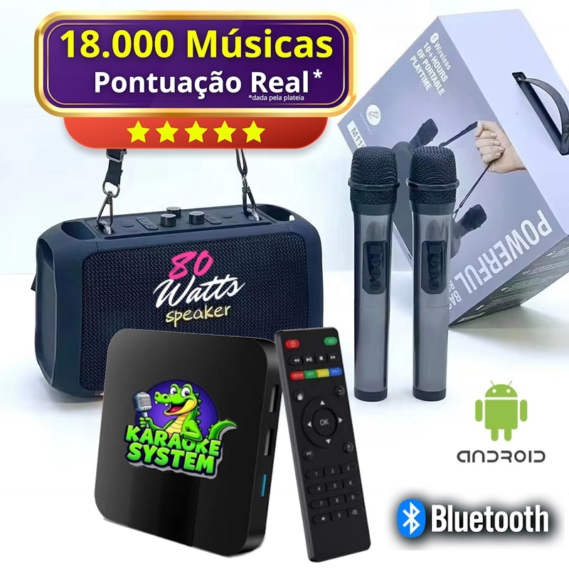 Karaokê Box 18.000 Músicas Pontuação Real e Fila Espera + Caixa de Som 80W + 2 Microfones S/Fio M119