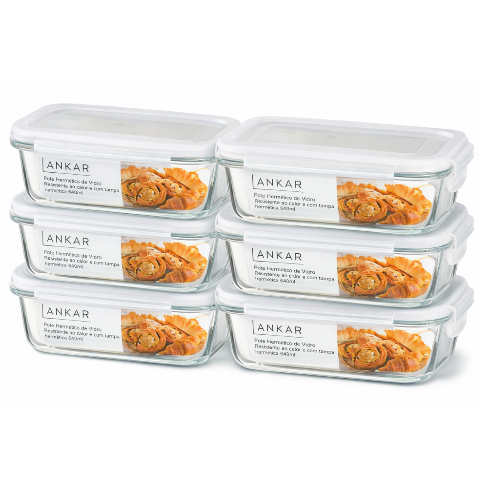 Imagem Kit 10 Potes Herméticos de Vidro Borossilicato 640ml com Tampa Trava Lankar - Anti Vazamento, Freezer e Microondas