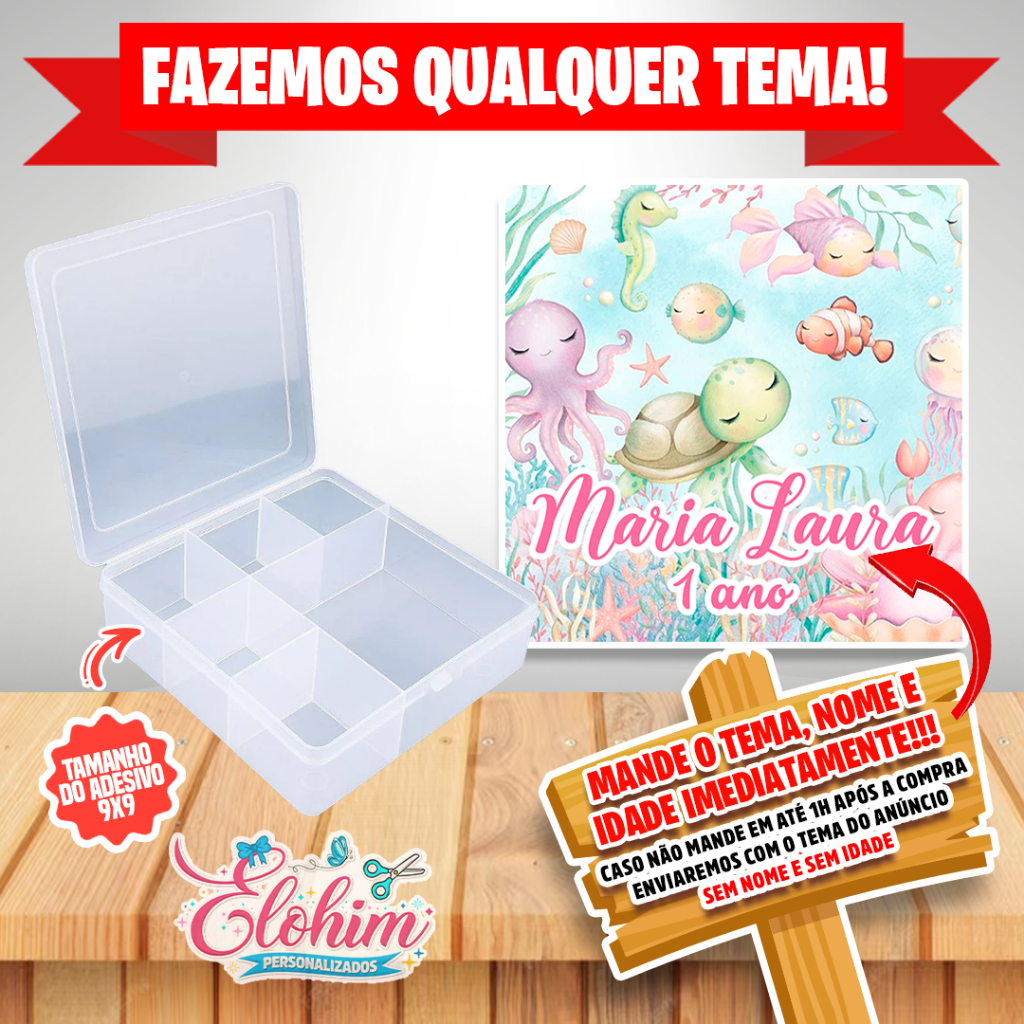Rótulo Adesivo para personalizar Caixa Organizadora 11x11 - Fundo do Mar menina