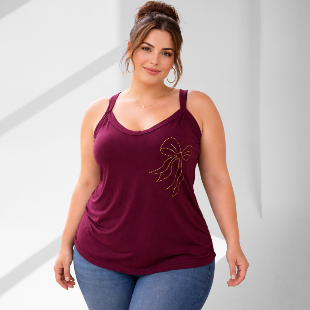 Regata Alça Plus Size Tamanho 40 ao 64 (M ao G10) Regata Feminina Malha Viscolycra com Pedraria Laço