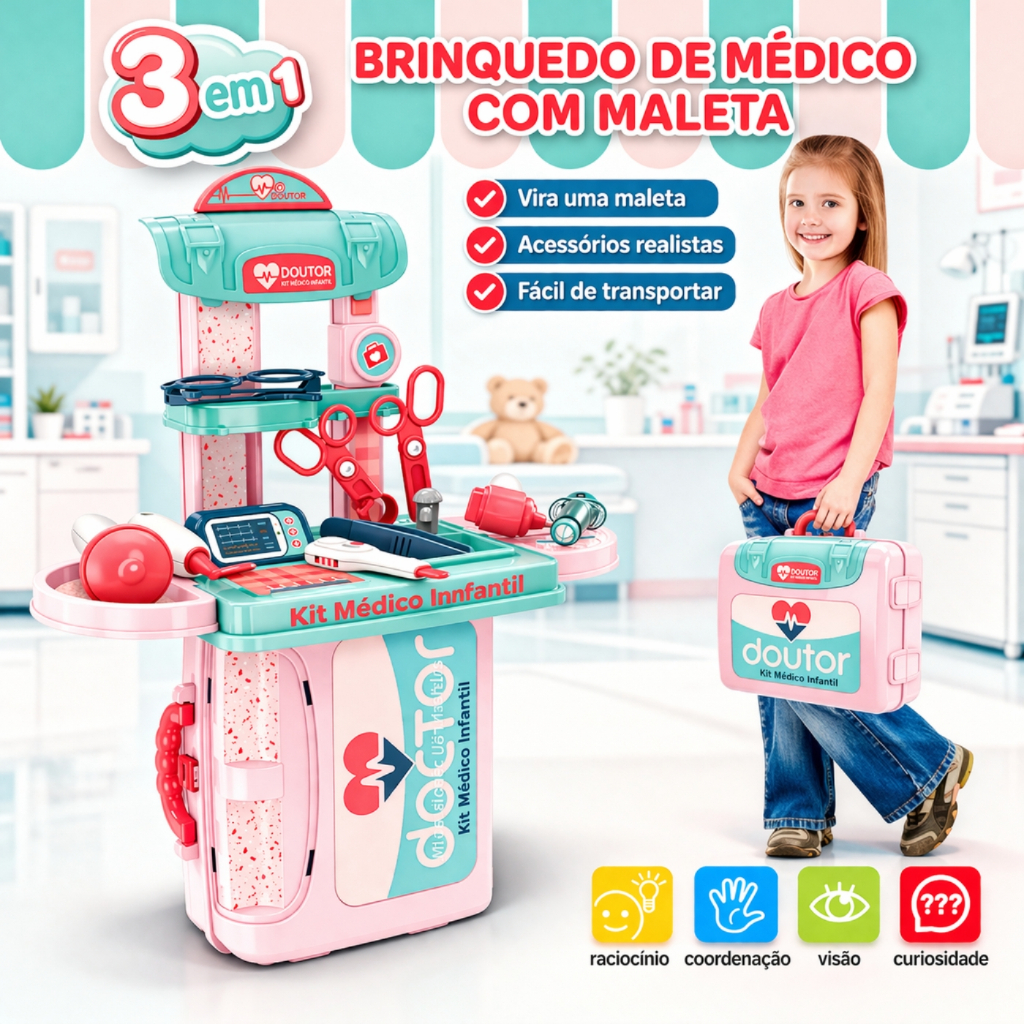 Kit Maleta Médico Maletinha Brinquedo Infantil Educativo Rosa