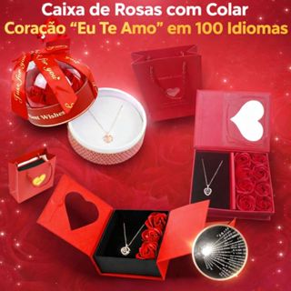 Caixa de Rosas com Colar Coração Eu Te Amo em 100 Idiomas - Dia das Mães, Namorados em Oferta na Shopee