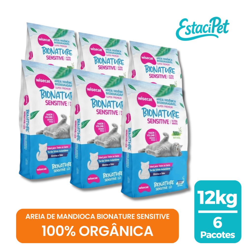 Areia De Mandioca Para Gatos Wisecat Bionature Sensitive Grãos Finos 2kg - Kit 6 Unidades