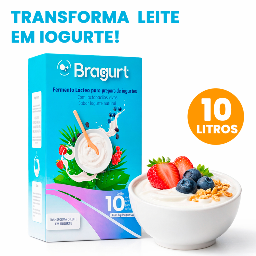 Fermento Lácteo Saudável  Para Iogurte Natural Lactobacilos Caseiro Rende 10 Litros Bragurt