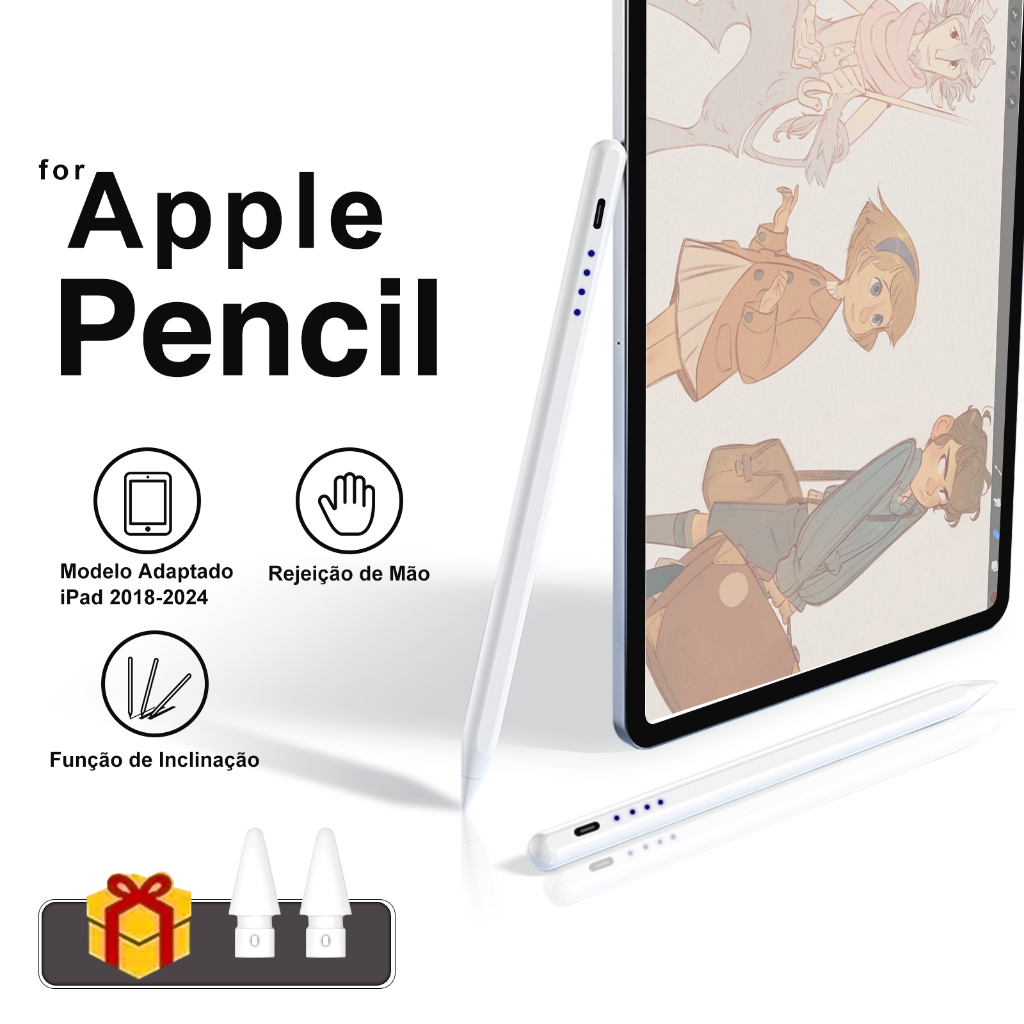 Caneta Touch para iPad, Palm Rejection, Carga Rápida USB-C, Fixação Magnética, Compatível 2018-2025 (Pro/Air/Mini)