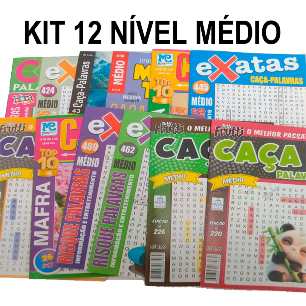 Kit 12 caça palavras só nível médio sem repetição passatempo