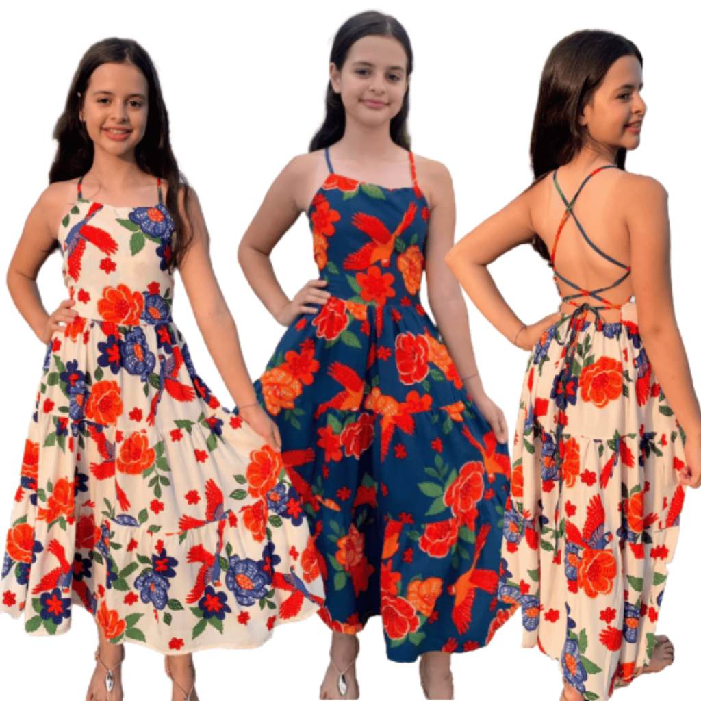 Vestido Longo Infantil e Juvenil em Viscose Estampado Menina  - rodado, alegre, confortável