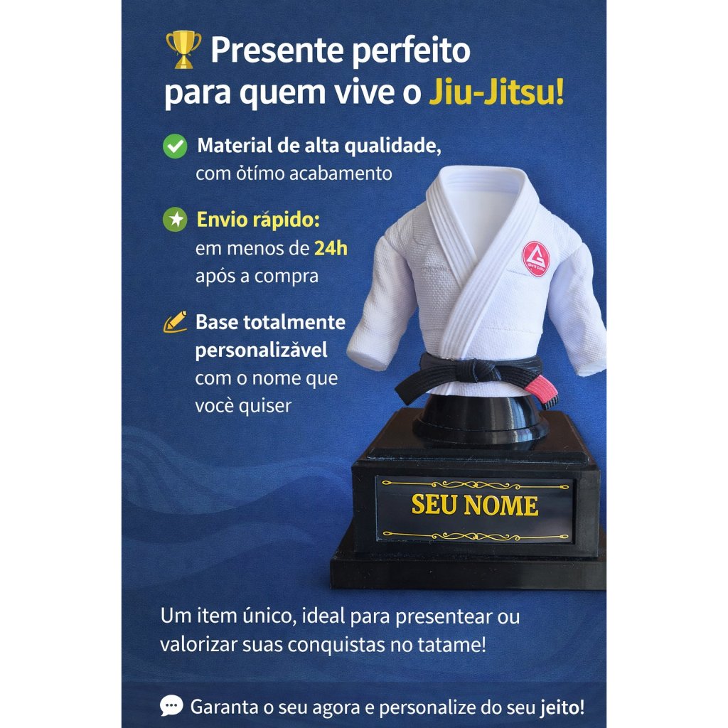 Troféu kimono com logo jiu-jitsu judô karatê personalizado colecionável graduação artes marciais