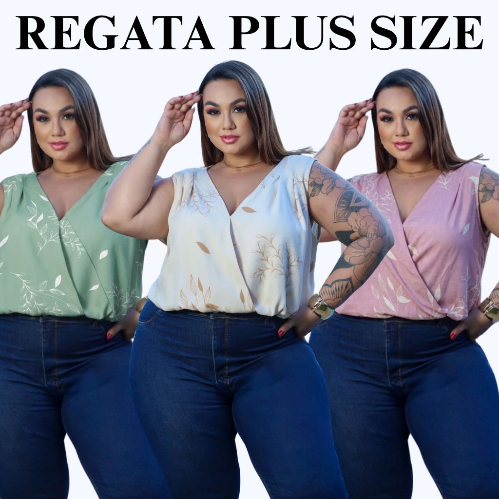 Blusa Feminino Transpassada Plus Size Básico Regata Alça Grossa LOOK VERÃO Conforto Liso e Estampado Moda