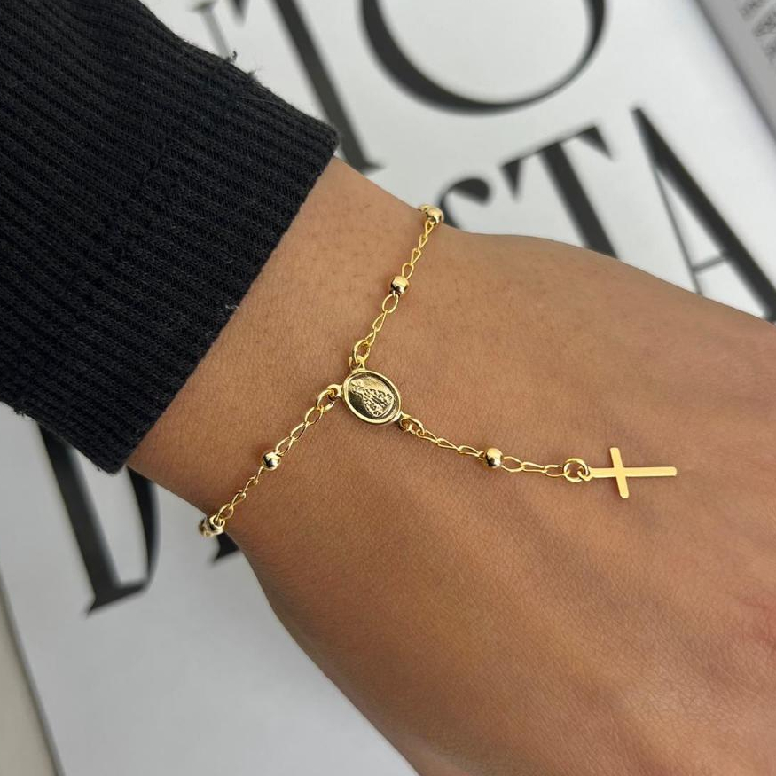 Pulseira Terço Nossa Senhora Bolinha Banhado a Ouro 18k