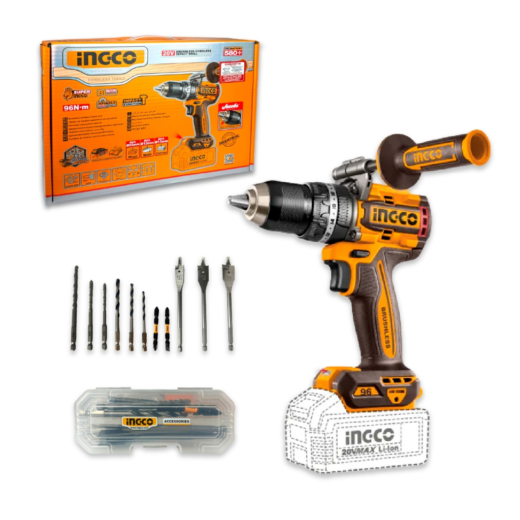 Parafusadeira Furadeira Impacto Ingco P20S 20V 96Nm Motor Brushless 2 Velocidades Kit Profissional