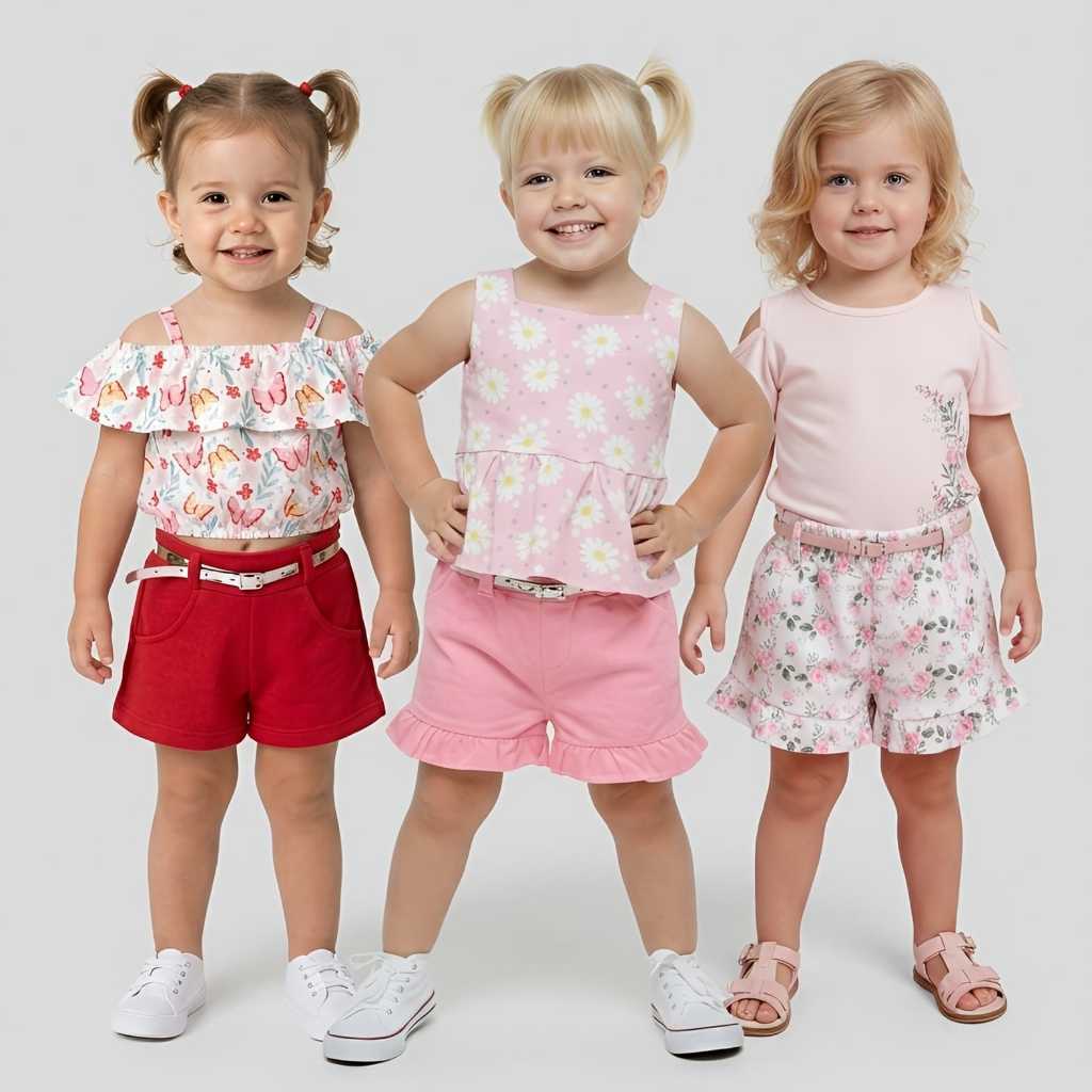 Kit Feminino de Roupa Infantil 3 Conjuntos Estilosos para Meninas Looks Confortáveis e Fresquinhos para o dia a dia